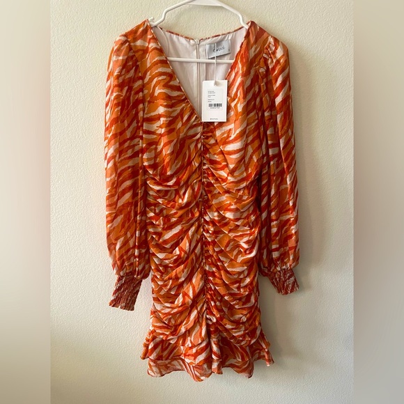 Esmaee orange zebra feline mini rouched long sleeve dress-NWT